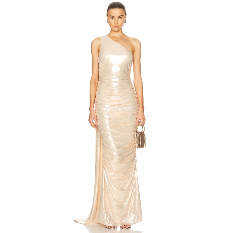 Nwt Retrofete Shannon One Shoulder Ruched Champagne Metallic Gown Xs